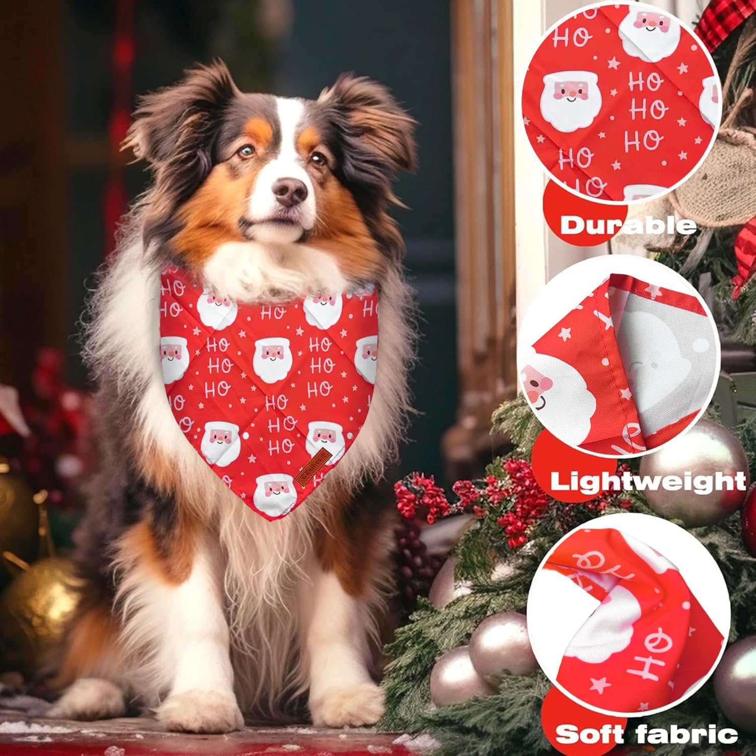 Christmas Dog Bandanas, 3 Pack Christmas Tree and Santa Claus Dog Scarf for Boy and Girl, Premium Durable Fabric, Holiday Bandana for Small Medium Large Dogs