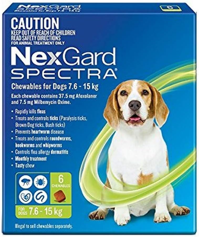 NexGard Spectra for Dogs 7.6-15kg - Flea, Tick & Worm Chewable Tablet - 6 Pack