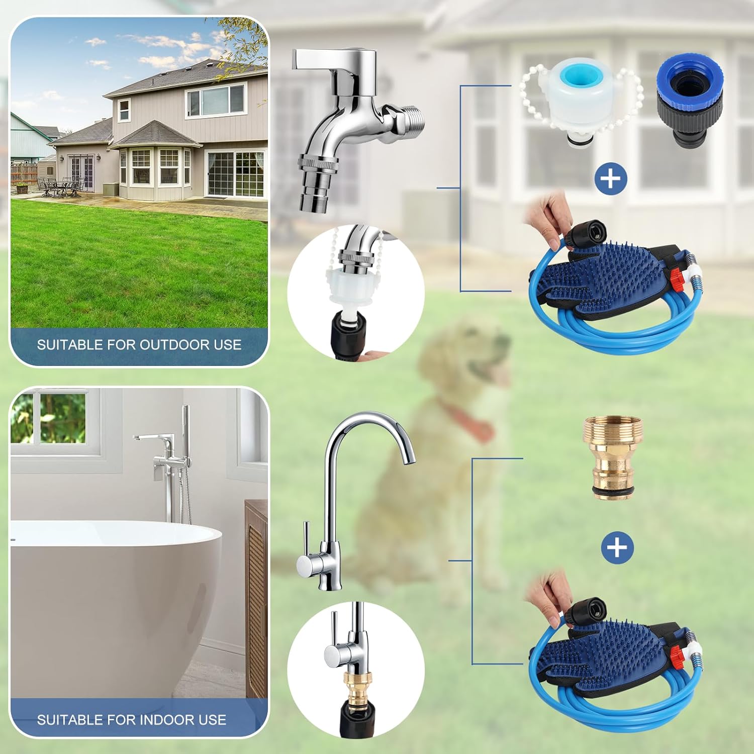 KECUSIN Pet Shower Sprayer, Dog Shower Attachment, Adjustable Spray Head with Massage Glove Style, Both Brush and Wipes, Dog Bath Tool Contains 88" Flex Hose, Two Indoor & Outdoor Faucet Adapters