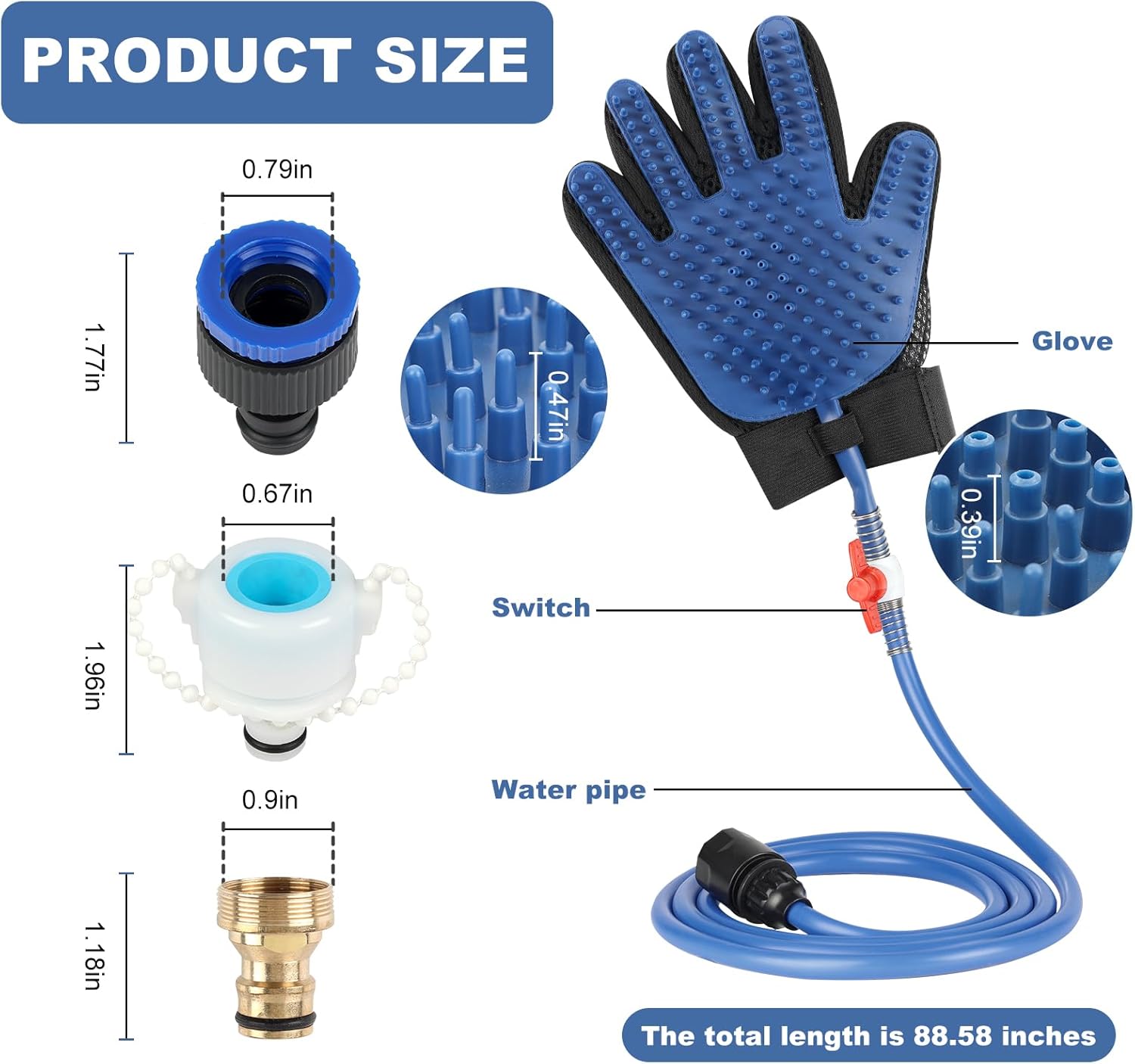 KECUSIN Pet Shower Sprayer, Dog Shower Attachment, Adjustable Spray Head with Massage Glove Style, Both Brush and Wipes, Dog Bath Tool Contains 88" Flex Hose, Two Indoor & Outdoor Faucet Adapters