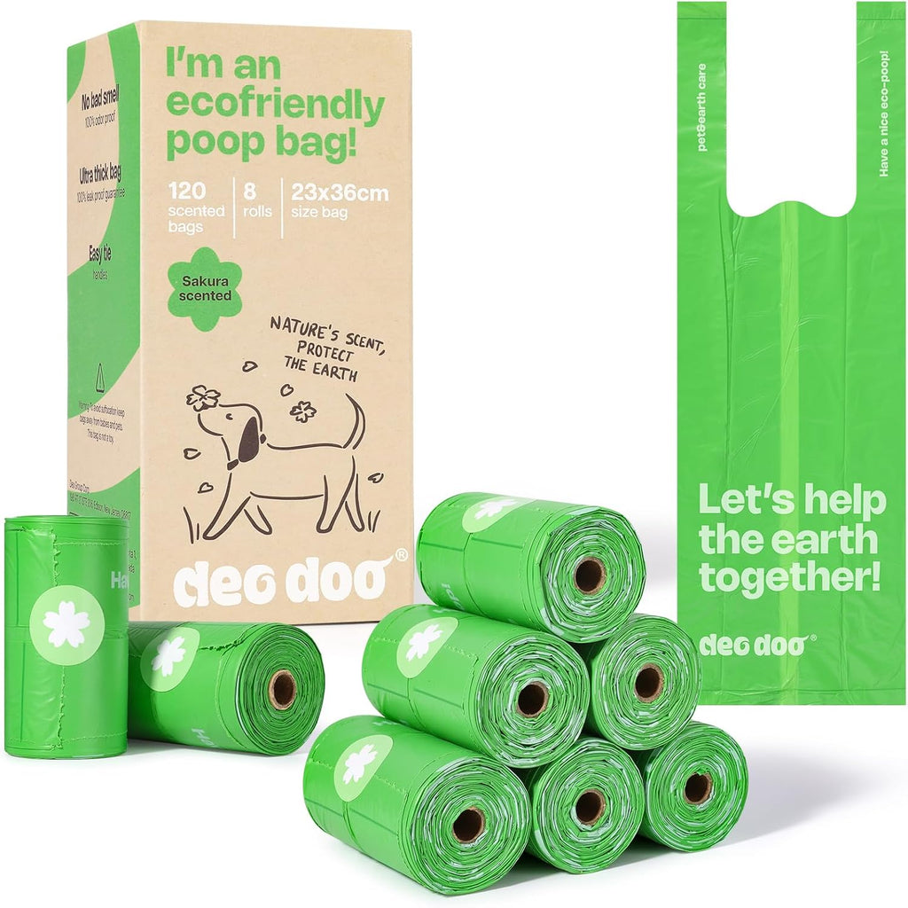Dog Poop Bags with Handles Sakura Scented 120 Counts 8 Rolls Leak Proof and Extra Thick Waste Bags Refill Rolls for Small Medium Large Dogs and Cats