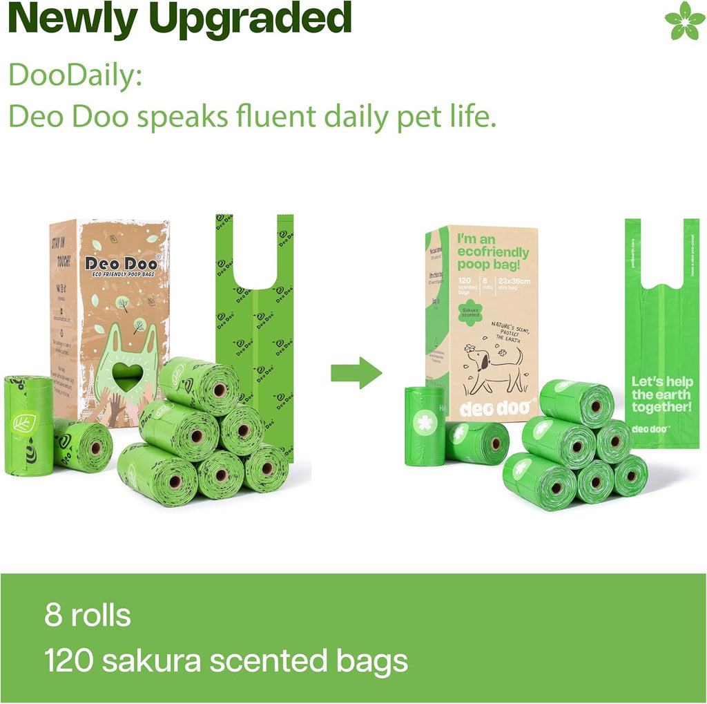 Dog Poop Bags with Handles Sakura Scented 120 Counts 8 Rolls Leak Proof and Extra Thick Waste Bags Refill Rolls for Small Medium Large Dogs and Cats