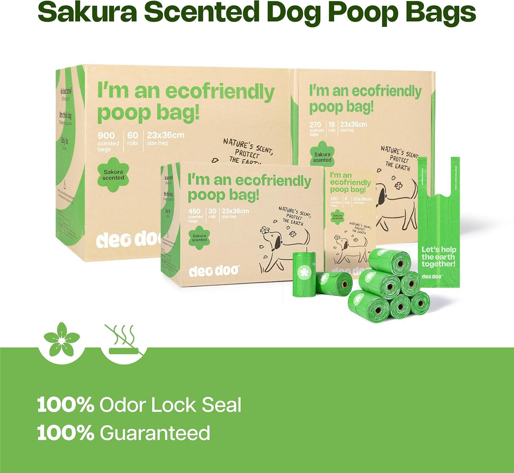 Dog Poop Bags with Handles Sakura Scented 120 Counts 8 Rolls Leak Proof and Extra Thick Waste Bags Refill Rolls for Small Medium Large Dogs and Cats