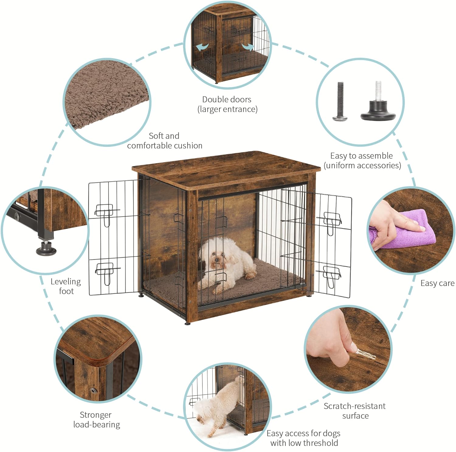 DWANTON Dog Crate Furniture with Cushion, Wooden Kennel Table with Double Doors, Indoor Dog House, Small/Medium/Large/Extra Large Size, 27.2" L, Rustic Brown