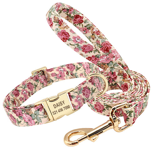 Personalised Floral Dog Collar and Leash Set