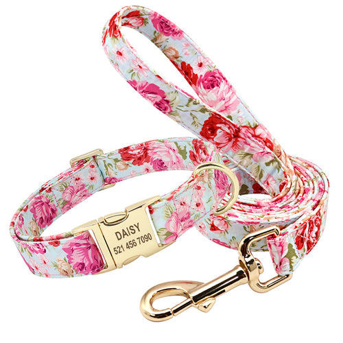 Personalised Floral Dog Collar and Leash Set