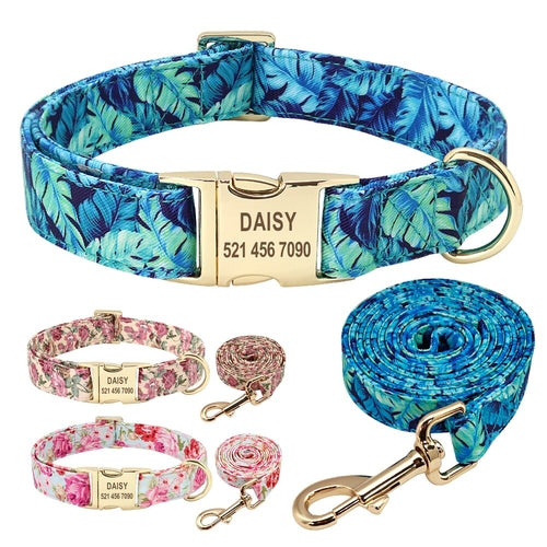 Personalised Floral Dog Collar and Leash Set