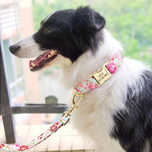 Personalised Floral Dog Collar and Leash Set